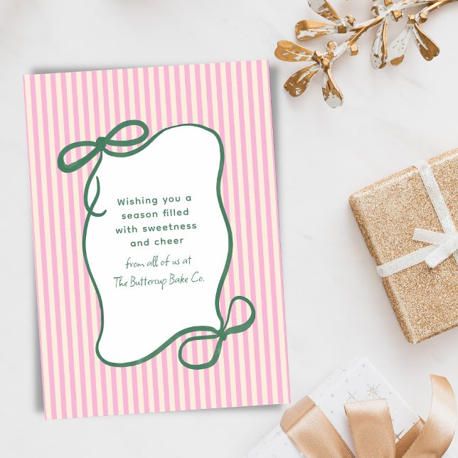 Cartes Pour Fêtes Annuelles Pink Green Striped Bow Christmas Bakery Business (Créateur téléchargé)