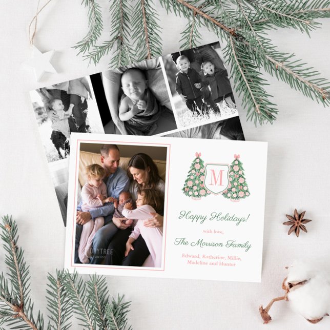 Cartes Pour Fêtes Annuelles Pink Green Vacances Arbre Famille Initiale 6 Photo (Ornate pink and white decorated holiday trees christmas tree with monogram and photo collage)