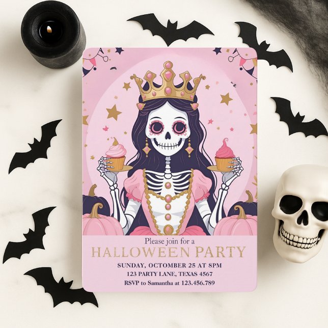 Cartes Pour Fêtes Annuelles Pink Halloween Princess Skeleton Party (Créateur téléchargé)
