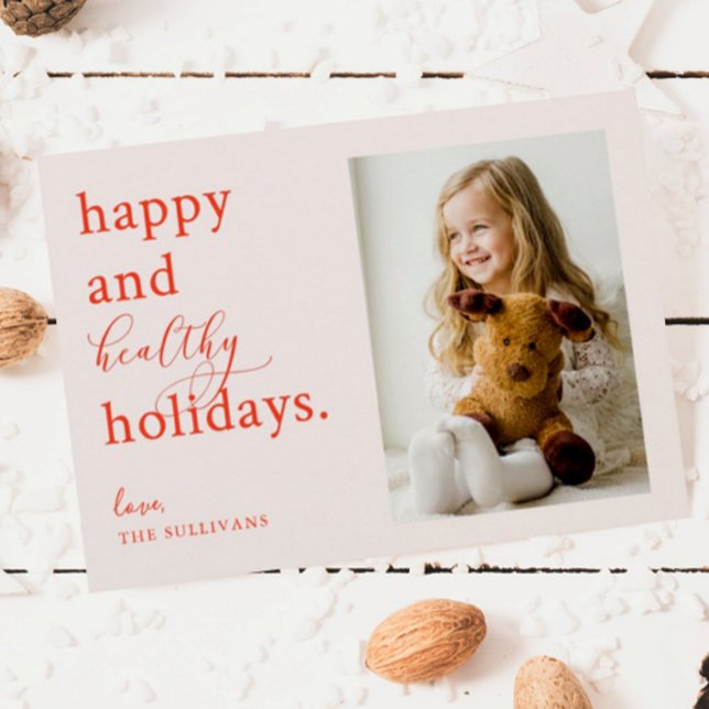 Cartes Pour Fêtes Annuelles Pink Happy and Healthy 2021 Holiday Photo (Créateur téléchargé)