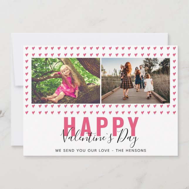 Cartes Pour Fêtes Annuelles Pink Heart Valentine`s Day Script Family Photo (Devant)