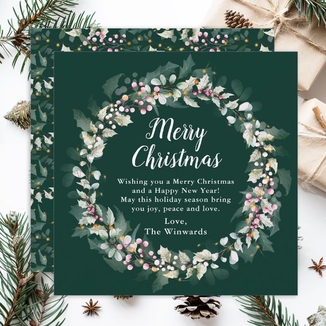 Cartes Pour Fêtes Annuelles Pink Holly Wreath Joyeux Noël (Créateur téléchargé)
