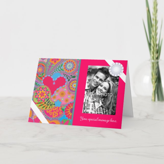 Cartes Pour Fêtes Annuelles Pink Paisley Garden Personalized Photo Valentine (Devant)