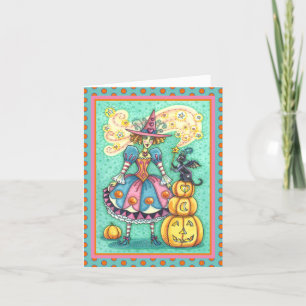 CARTES POUR FÊTES ANNUELLES PINK PARTY WITCH EST HALLOWEEN MAGIQUE, CHAT NOIR