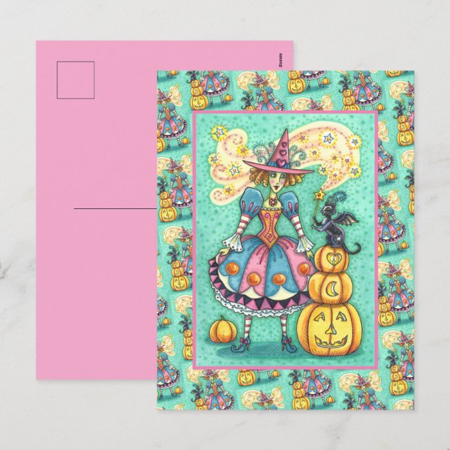 CARTES POUR FÊTES ANNUELLES PINK PARTY WITCH EST HALLOWEEN MAGIQUE, CHAT NOIR (Devant / Derrière)