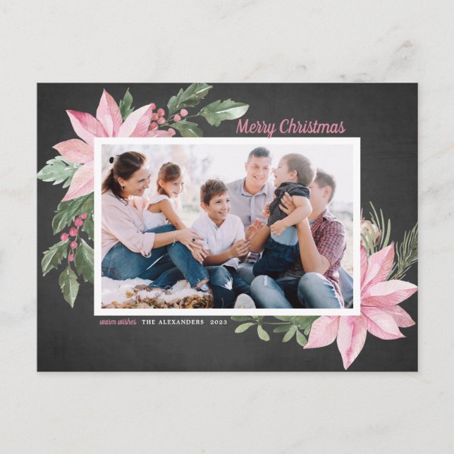 Cartes Pour Fêtes Annuelles Pink Poinsettias Chalkboard Joyeux Noël Photo (Devant)