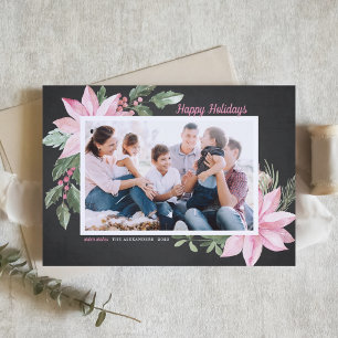 Cartes Pour Fêtes Annuelles Pink Poinsettias Chalkboard Photo Joyeuses Fêtes