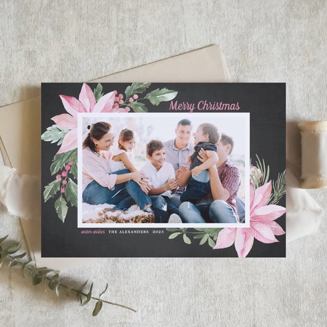 Cartes Pour Fêtes Annuelles Pink Poinsettias Chalkboard Photo Joyeux Noël (Créateur téléchargé)