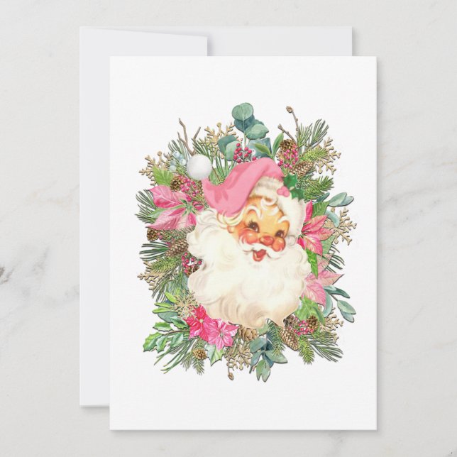 Cartes Pour Fêtes Annuelles Pink Santa Claus and Floral Spray (Devant)