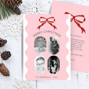 Cartes Pour Fêtes Annuelles Pink Scalloped Red Bow Christmas Photo Collage