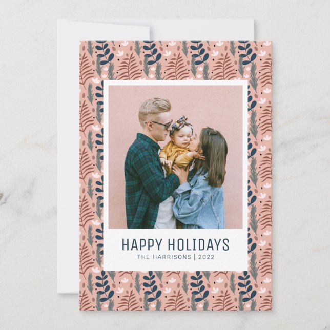 Cartes Pour Fêtes Annuelles Pink Scandi Botanical Christmas Family Photo 2022 (Devant)