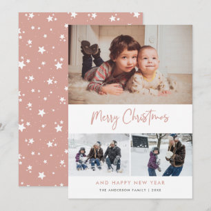 Cartes Pour Fêtes Annuelles Pink Script Stars Christmas 3 Photo Collage