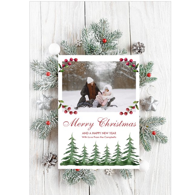Cartes Pour Fêtes Annuelles Pins botaniques verdoyants Neige Noël Photo (Créateur téléchargé)