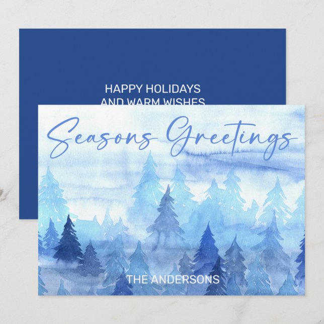 Cartes Pour Fêtes Annuelles Pins d'aquarelle bleu Joyeuses Fêtes (Devant / Derrière)
