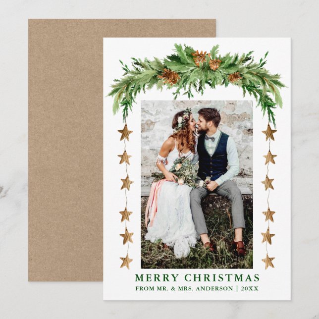 Cartes Pour Fêtes Annuelles Pins d'aquarelle Boho Noël Kraft neuf (Devant / Derrière)