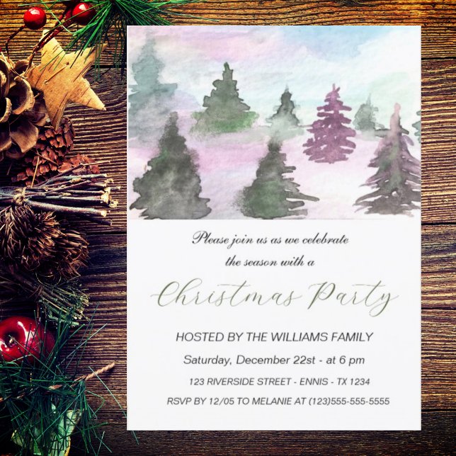 Cartes Pour Fêtes Annuelles Pins d'hiver fête de Noël Aquarelle (Créateur téléchargé)