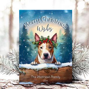 Cartes Pour Fêtes Annuelles Pins neigeux Peeking Bull Terrier Joyeux Noël