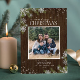 Cartes Pour Fêtes Annuelles Pins Rustiques Snowflakes Joyeux Bois Photo Famill