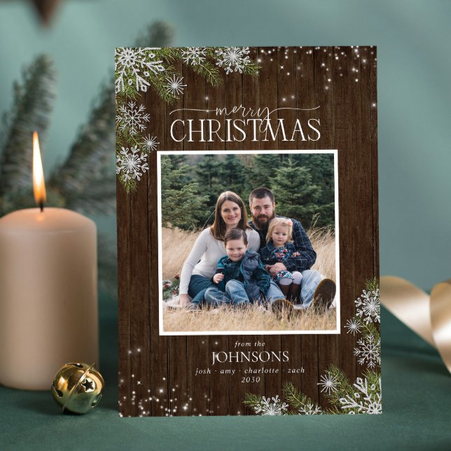 Cartes Pour Fêtes Annuelles Pins Rustiques Snowflakes Joyeux Bois Photo Famill (Créateur téléchargé)