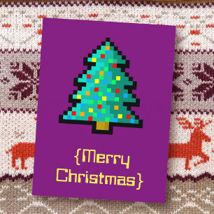 Cartes Pour Fêtes Annuelles Pixel art arbre de Noël vert avec décorations