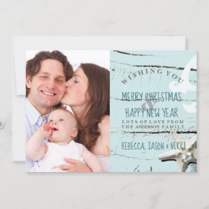 Cartes Pour Fêtes Annuelles plage de coquillages bleu rustique Joyeux Noël pho