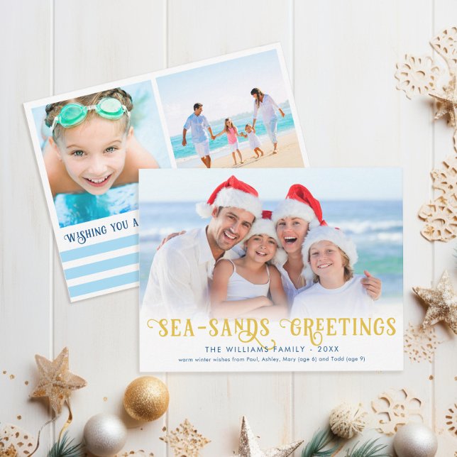 Cartes Pour Fêtes Annuelles Plage de Funny Joyeuses Fêtes (Funny Coastal Christmas Card "Sea Sands Greetings" Season's Greetings pun with 3 photos)
