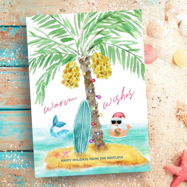 Cartes Pour Fêtes Annuelles Plage de l'île tropicale Père Noël sirène Noël (Créateur téléchargé)