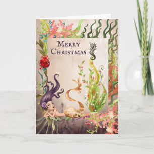 Cartes Pour Fêtes Annuelles Plage de sirène et Noël de vie marine de Joyeux