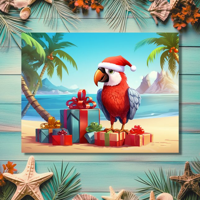 Cartes Pour Fêtes Annuelles Plage tropicale de Perroquet de Père Noël Noël (Front - Cute Santa Parrot Tropical Beach Christmas Holiday Postcard)