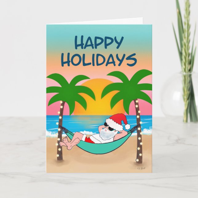 Cartes Pour Fêtes Annuelles Plage tropicale Père Noël Hammock Palm Tree (Devant)