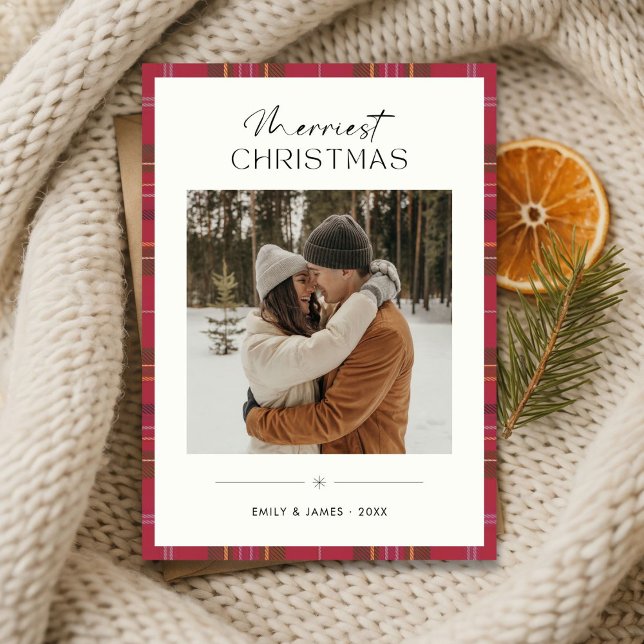 Cartes Pour Fêtes Annuelles Plaid Merriest Christmas Couple Photo ivoire (Créateur téléchargé)