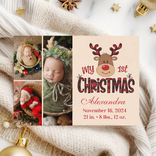 Cartes Pour Fêtes Annuelles Plaid Reindeer Baby First Christmas 3 Photo