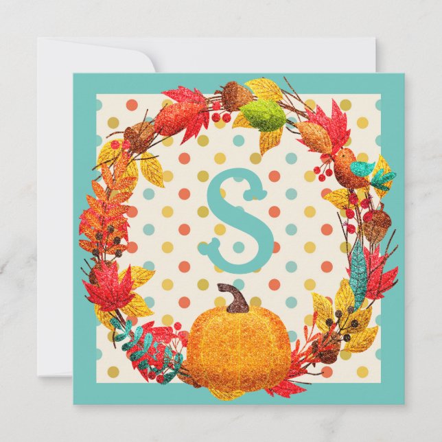 Cartes Pour Fêtes Annuelles Plaisir automne citrouille wreath polka point turq (Devant)