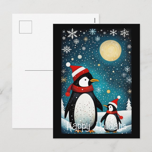 Cartes Pour Fêtes Annuelles Pleine lune hiver neige Père Noël Penguin Noël (Devant / Derrière)
