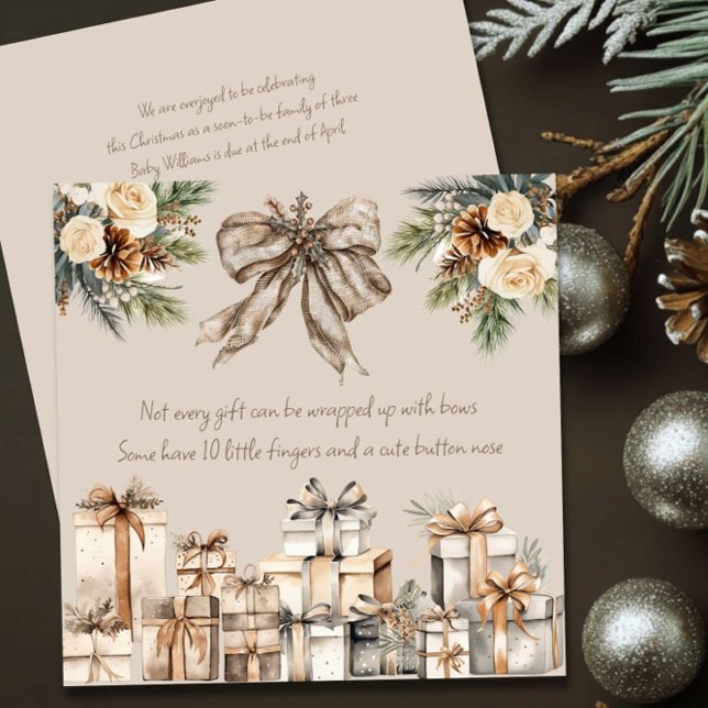 Cartes Pour Fêtes Annuelles Poème de grossesse de Noël neutre Bow Brown (Cute Poem Rustic Christmas Card Pregnancy Announcement by Darling & May)