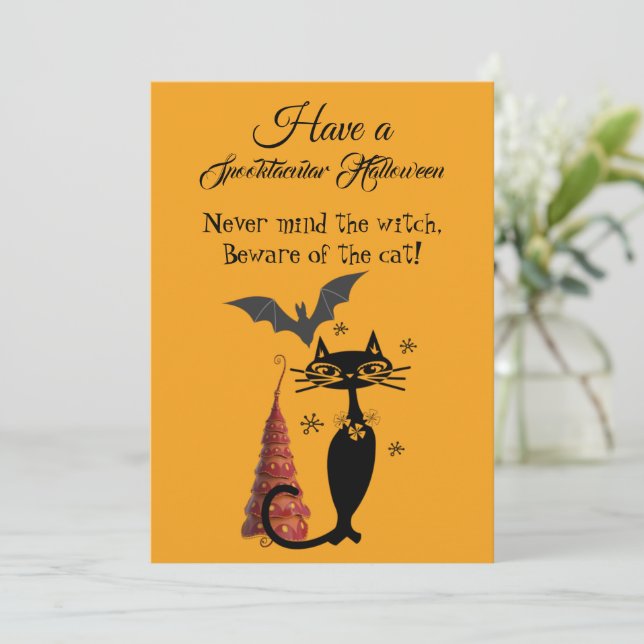Cartes Pour Fêtes Annuelles Poème Halloween Spooktacé Chat noir mignon Déplais (Debout devant)