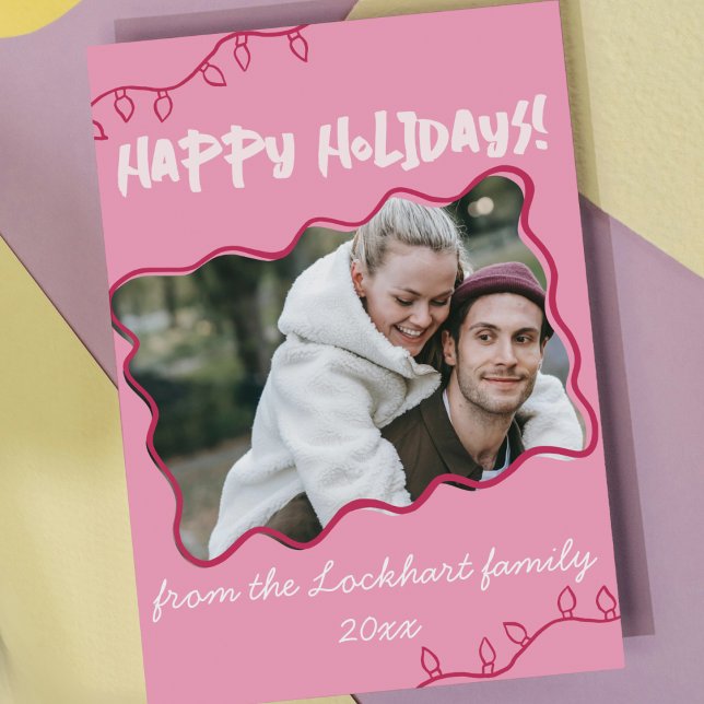 Cartes Pour Fêtes Annuelles Poignée rose Quirky Bordure Vavy (whimsical funky christmas holiday card hand drawn wavy quirky border pink christmas light photo card)