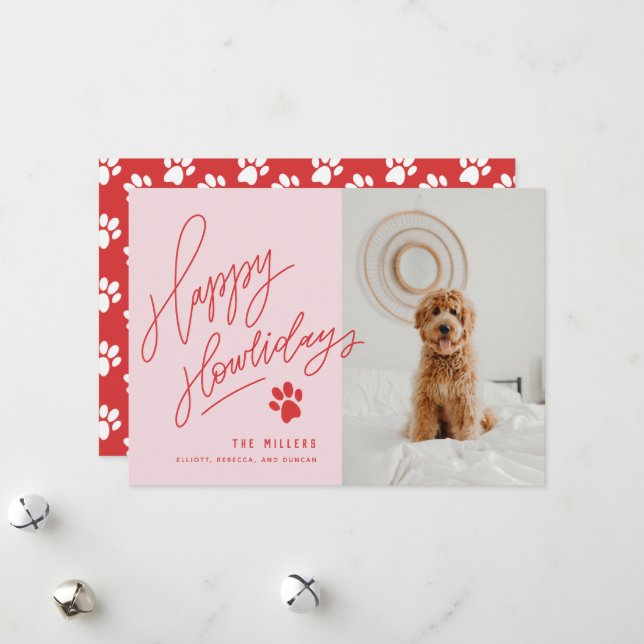 Cartes Pour Fêtes Annuelles Poignée Rouge Joyeux Howlidays Paw Dog Photo (Devant/Arrière en situation)