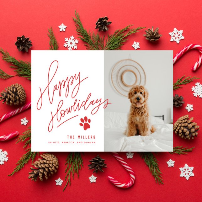 Cartes Pour Fêtes Annuelles Poignée Rouge Joyeux Howlidays Paw Dog Photo (Créateur téléchargé)