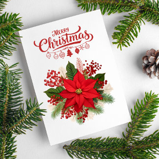 Cartes Pour Fêtes Annuelles Poinsettia Berries Ornaments Merry Christmas