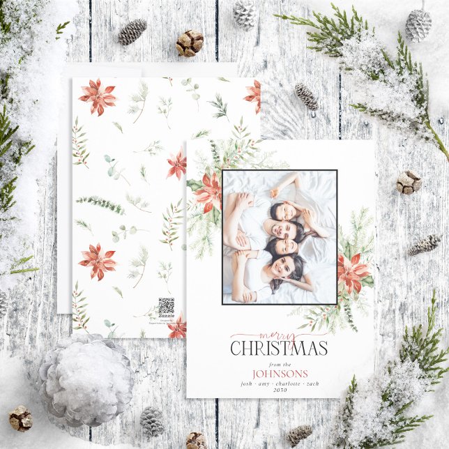 Cartes Pour Fêtes Annuelles Poinsettia Berry Greenery Joyeux Noël Photo Ho (Créateur téléchargé)