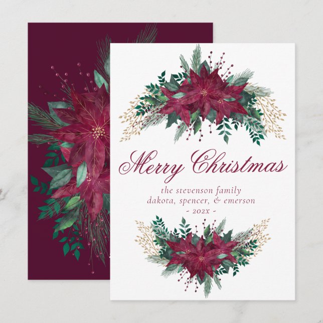 Cartes Pour Fêtes Annuelles Poinsettia Bourgogne et Turquoise hiver Floral Gar (Devant / Derrière)