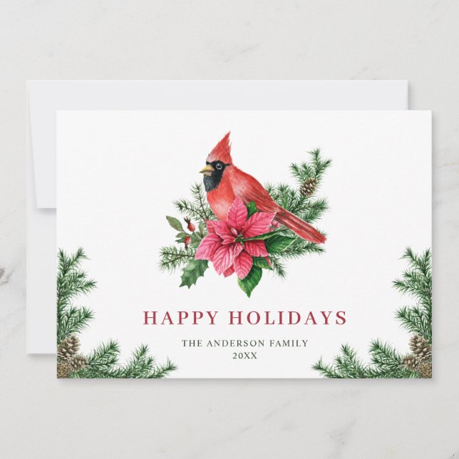 Cartes Pour Fêtes Annuelles Poinsettia Cardinal Rouge Salutation de Noël (Devant)