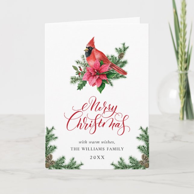Cartes Pour Fêtes Annuelles Poinsettia Cardinal Rouge Salutation de Noël (Devant)