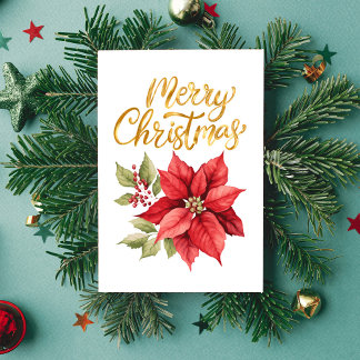 Cartes Pour Fêtes Annuelles Poinsettia Classique Simple Rouge et Or