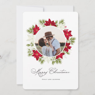 Cartes Pour Fêtes Annuelles Poinsettia Fleur et Pine photo ronde