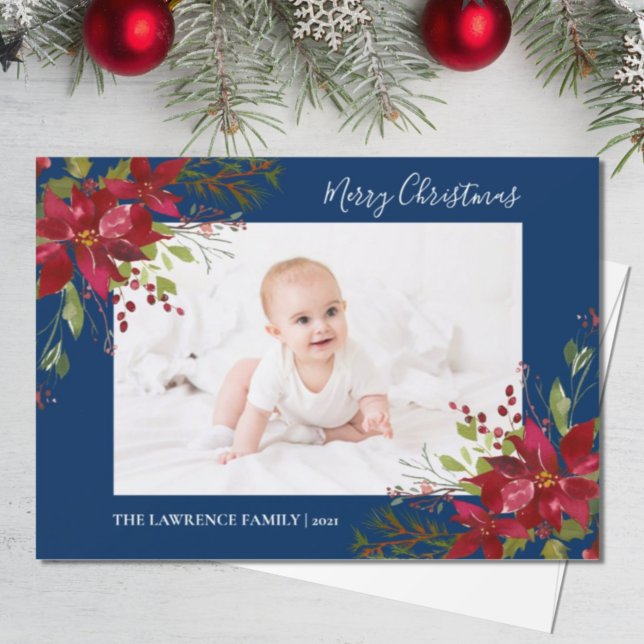 Cartes Pour Fêtes Annuelles Poinsettia Floral Photo Marine Bleu Noël (Créateur téléchargé)