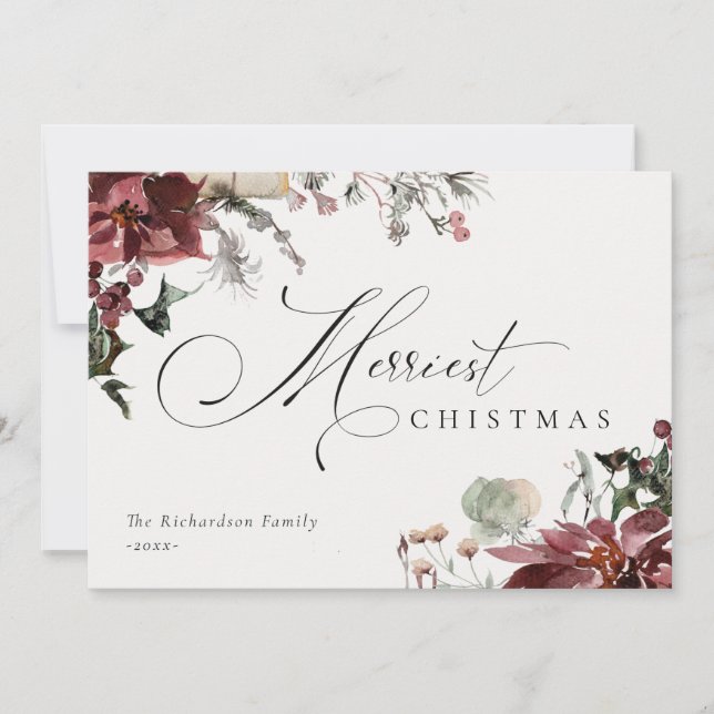 Cartes Pour Fêtes Annuelles Poinsettia Floral Rouge Foncé Noël Très Joyeux  (Devant)
