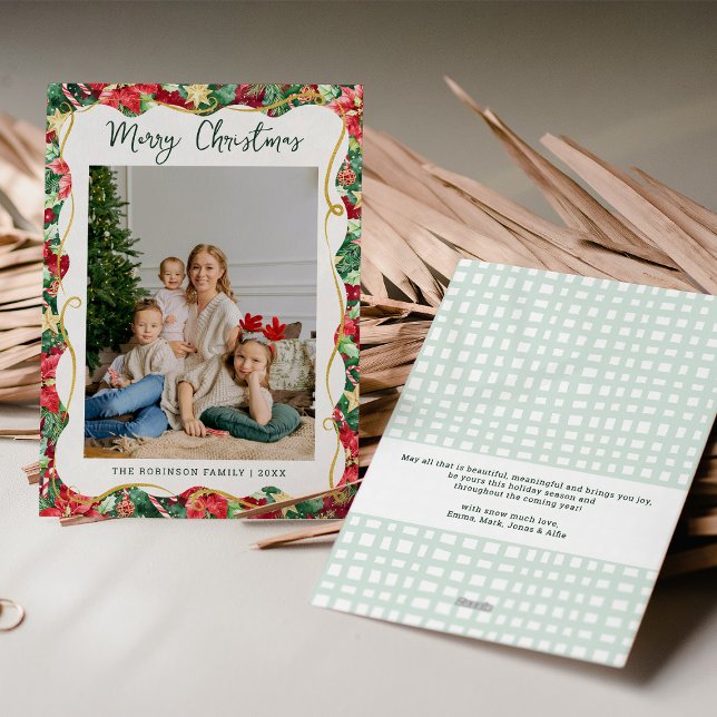 Cartes Pour Fêtes Annuelles Poinsettia Motif de verdure Joyeux Noël Photo (Créateur téléchargé)