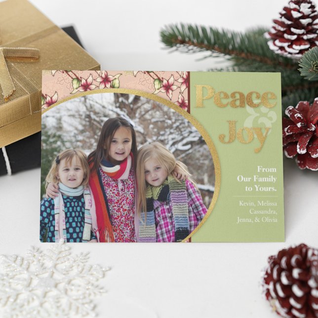 Cartes Pour Fêtes Annuelles Poinsettia rose, verte et or (Pink, Green and Gold Poinsettia Photo Holiday Card)